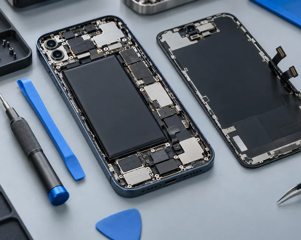 Illustrative opened smartphone showing its battery during repair